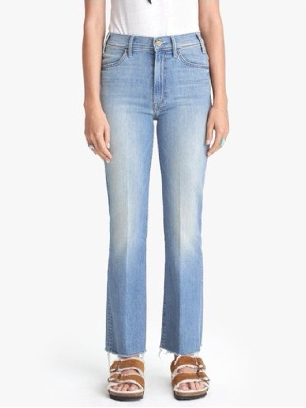 NWT MOTHER The Hustler Ankle Fray Flare Jeans Light Blue 25